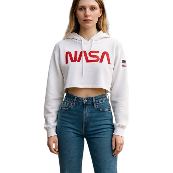 Chemistry Tops - Chemistry Small White Cropped NASA Hoodie American Flag Casual